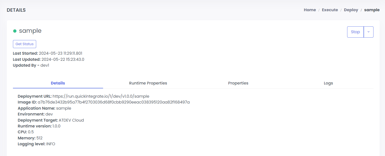 Deployed application details view